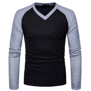 Men's Long Sleeve V-neck T-shirt Raglan Sleeve Slim Fit Knitted Solid Color Casual Wear Light Blue <b>White</b> Splicing Design - Product Image 3