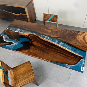 Mesa de comedor personalizada de fábrica, diseño de lujo para cocina, restaurante, Océano Azul, nogal, madera sólida, resina epoxi, río - Product Image 1