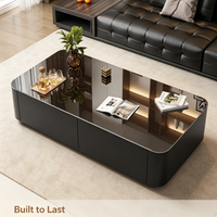 Table basse moderne en verre trempé noir, cadre de rangement en MDF à bords arrondis, facile à nettoyer, résistant aux rayures pour salon, bureau à domicile