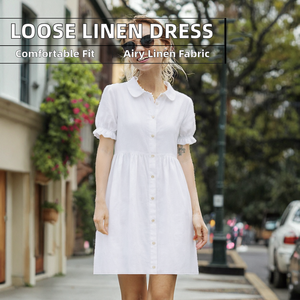 Women's Casual Simple Woven Solid Eco-Friendly Loose Fit Summer Dress Custom-Made Short Sleeve Knee-Length Flax Fabric - Product Image 2