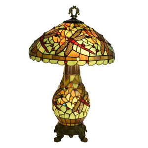 16 inch Mediterranean creative Retro Green Dragonfly art large double head table lamp Tiffany classic double lamp glass base lam
