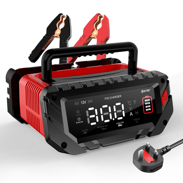 HTRC 30A 400W High Power P30 12V/24V Fully-Automatic Smart Battery Charger Retractable Cable Lifepo4 Float Charger for