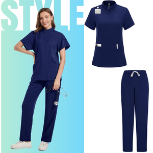 Conjunto <span class=keywords><strong>de</strong></span> Uniforme Médico para Mujer <span class=keywords><strong>de</strong></span> Color Sólido con Cuello Alto <span class=keywords><strong>y</strong></span> Pantalones <span class=keywords><strong>de</strong></span> Pierna Recta en Tejido Elástico para Enfermeras <span class=keywords><strong>de</strong></span> Hospital - Product Image 2