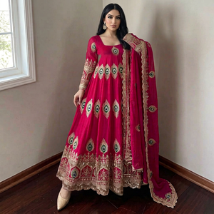 Women Traditional <b>Red</b> <b>Silk</b> Anarkali Suit With Gold Embroidery Floor-Length Dress For Wedding Indian Pakistani Style Suit - Product Image 1
