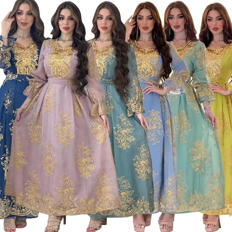 फीता कढ़ाई सुरुचिपूर्ण शैली रेशम अबाया महिलाओं की मुस्लिम पोशाक