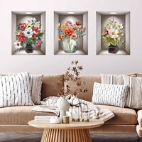 Stiker Dinding 3D Vas Tanaman Bunga 1 Meter, Dekorasi Triptych untuk Dinding, Pintu Masuk, Ruang Tamu, Terbuat dari PVC Modern