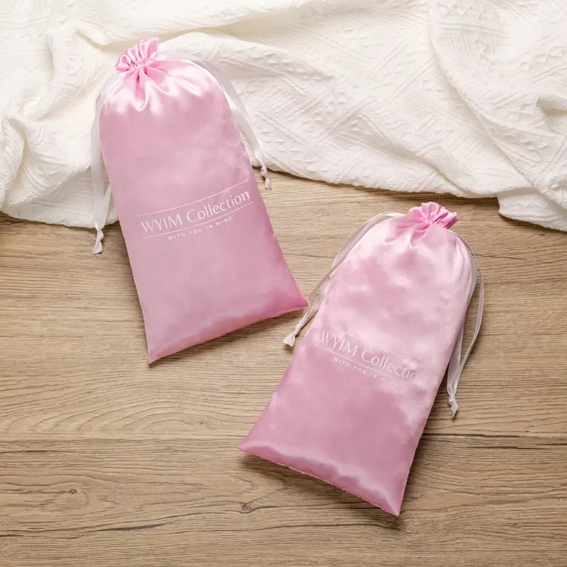 Sac à poussière en satin rose brillant avec impression de logo personnalisé pour emballage de cadeau de lingerie avec cordon de serrage pochette en satin de soie pour vêtement