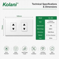 Enchufe de Corriente Modular Doble de 2 Orificios Kolani Tamaño 120, 16A 250V, Panel de PC Blanco con Obturador de Seguridad Infantil Antichoque
