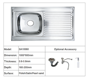 Fregadero de Cocina Rectangular de Acero Inoxidable de <span class=keywords><strong>1</strong></span> <span class=keywords><strong>Metro</strong></span> con Escurridor, Moderno, SS201 SUS304 - Product Image 3