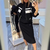 Ensemble robe moulante au-dessus du genou et cardigan à manches longues pour femme, collection automne 2027, avec rayures blanches, en polyester/spandex