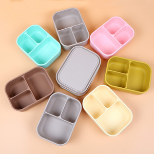 Portable Bento Lunch Box With Bamboo Wood Lid 3 Compartment Silicone Custom Lunch Box Warmer Heat Boxes