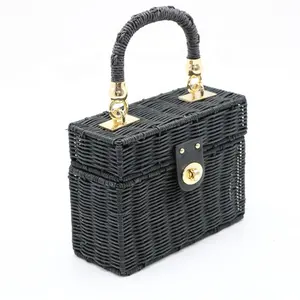 Mùa Hè Bãi Biển Raffia Wicker Plaited Phụ Nữ Shoulder Bag Với Kim Loại Khóa Túi Xách Tay Đan Rơm Tự Nhiên Với PU Xử Lý