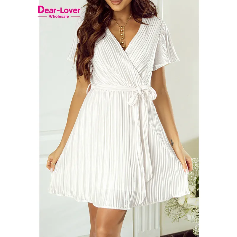 Dear-Lover New Arrivals White Flutter Sleeve Wrapped Pleated Sashed Short Dress