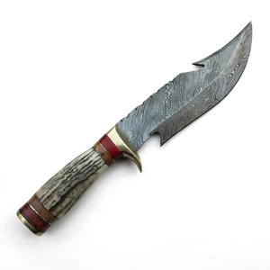 Outil utilitaire authentique avec manche en bois rouge et bois de cerf empilé, doté d'une lame fixe en acier Damas - Product Image 1