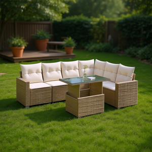 Ensemble de canapés de jardin en rotin beige avec structure en acier et verre trempé, mobilier d'extérieur 6 places, design contemporain - Product Image 2
