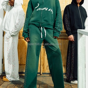 Ensemble de survêtement personnalisé par le fabricant, sweat à capuche orné de strass et pantalon de survêtement ample, ensemble de jogging, survêtement surdimensionné et épais pour hommes - Product Image 1