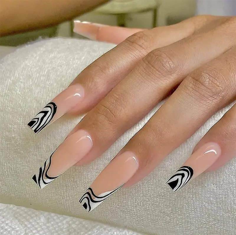 Chiodi a dito Shinny fatti a mano stampa su unghie lunga bara Zebra modello francese lucido unghie finte di lunga durata