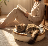 Lit pour chat en rotin tressé, maison pour animaux de compagnie toute saison pour chats et petits chiens avec tapis rafraîchissant et balles de jeu, nid douillet et respirant pour animaux de compagnie