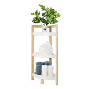 Estante de esquina para baño de bambú, blanco, de 3 niveles, independiente, para artículos de baño, diseño minimalista - Product Image 3