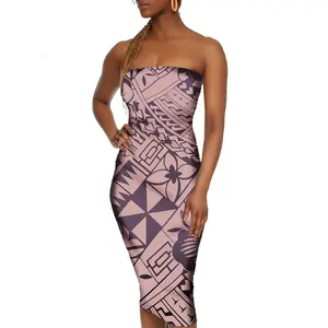 Giyim üreticileri özel gece yarısı parti Slim Fit bayanlar Maxi elbise ada Tapa baskı rahat pembe pupusi Samoan elbise