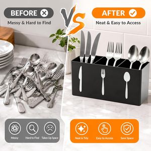 Organizador de cubiertos de acrílico negro, tipo rectangular, caja de almacenamiento de cocina para utensilios de mesa, tenedor, cuchara, cuchillo - Product Image 5
