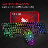 Ensemble clavier et souris filaire T-WOLF TF31 3-en-1, clavier de jeu rétroéclairé arc-en-ciel, design étanche