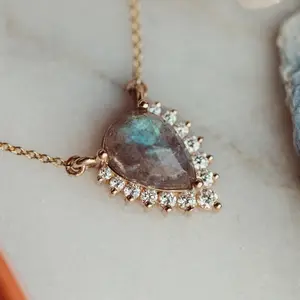 Luxury s925 sterling silver woman jewelry gold plated with natural stone pendant diamond natural labradorite crystal necklace