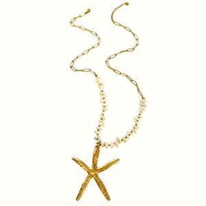Collana Yf6575 in Acciaio Inox Placcato Oro 18k con Ciondolo Irregolare a Forma di Conchiglia, Stella Marina e Foglia di Loto con Perle Imitazione - Product Image 6