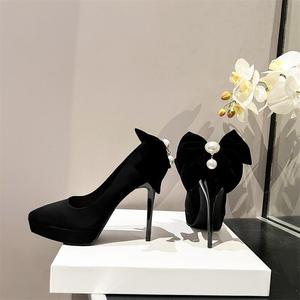 2026 Women's <b>Black</b> Platform Ultra High Heels Pointed Toe Stiletto Heel Bow & Pearl <b>Pumps</b> 11CM Heel Height - Product Image 2