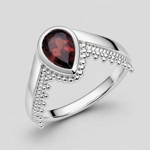 <b>Garnet</b> 925 Sterling <b>Silver</b> Women's Engagement <b>Ring</b>-Pear-Cut Bezel Stone with Beaded Detailing Trendy Design - Product Image 1
