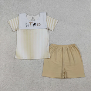 Ensemble Pâques prêt à expédier pour bébés garçons : chemise à manches courtes brodée à rayures croisées et short - Product Image 1