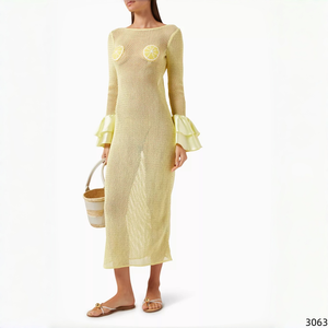 <span class=keywords><strong>Robe</strong></span> longue d'été en maille crochetée pour <span class=keywords><strong>femme</strong></span>, motif citron, manches longues à volants, dos nu, style cache-maillot, <span class=keywords><strong>robe</strong></span> <span class=keywords><strong>pull</strong></span> maxi - Product Image 3