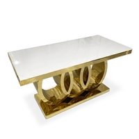 Table de banquet rectangulaire moderne en acier inoxydable à quatre anneaux creux avec plateau en marbre et verre pour hôtel