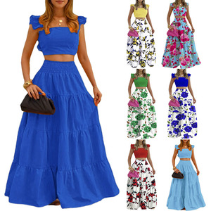 <span class=keywords><strong>Conjunto</strong></span> de 2 piezas <span class=keywords><strong>para</strong></span> mujer al por mayor: Top corto sin mangas con volantes y vestido maxi escalonado con cintura elástica <span class=keywords><strong>para</strong></span> fiesta en la playa o uso diario - Product Image 6
