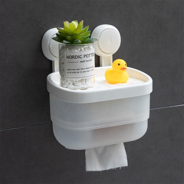TAILI Powerful Waterproof Tissue Roll Vacuum Suction Hooks Caddy Basket Rack Shelf Toilet Paper Holder for Bathroom Storage
