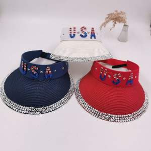 Femmes Été Extérieur Protection Solaire Large Bord Plage Lettres Drapeau Américain Strass Cristaux Visière Chapeau de Paille avec Pierres - Product Image 2