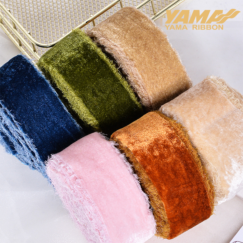 YAMA 4CM Green Polyester Silk Hand-torn Velvet Ribbon for Gift Box Wrapping Flower Packaging Hair Bow
