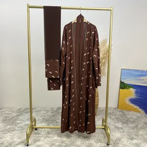 Abaya com bordado de lua muçulmano, vestido islâmico Hijab, roupa frontal aberta, quimono estilo árabe, Abaya Dubai