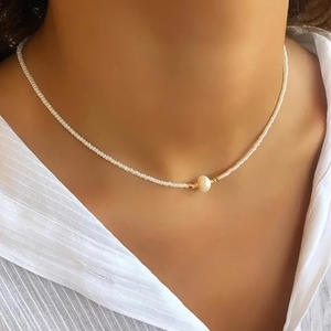 <b>Boho</b> Seed Bead <b>Necklace</b> Natural Freshwater Pearls Stainless Steel Gold square Beaded <b>Necklace</b> - Product Image 3