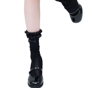 Calcetines de media pantorrilla estilo Lolita con lazos, ribete de encaje negro, transpirables, para mujer, talla juvenil - Product Image 4