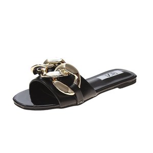 Korean Latest Summer Metal OAutersole Women Pu Leather Slide Slippers Gold Chain Flat Shoes Add My Logo <b>Name</b> on Womens Sandals - Product Image 5
