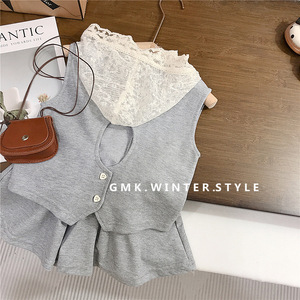 Conjunto de Ropa Casual de Verano para Niñas, Top sin Mangas con Cuello de Encaje y Falda con Volantes - Product Image 1