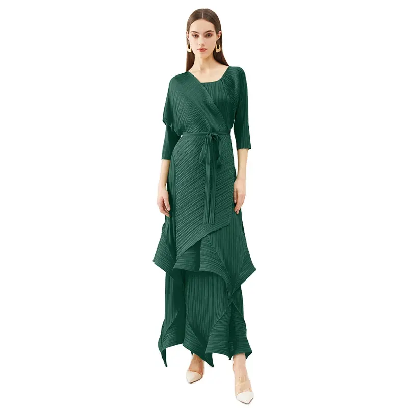 Miyake unique design three-dimensional pleated skirt long sleeves exquisite free size party long dress for women