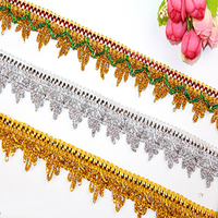 Accessoires vestimentaires : Bordure en dentelle métallique or et argent, garniture à sequins, dentelle brodée jaune doré, dentelle dorée