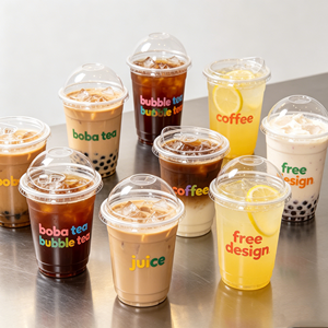 แก้วพลาสติกใส PET คุณภาพสูง ขนาด 12/16/24 ออนซ์ สำหรับกาแฟ เบียร์ เครื่องดื่มเย็น ขนาด 90 มม. แบบใช้แล้วทิ้ง พร้อมฝาปิดพิมพ์โลโก้ เหมาะสำหรับงานแต่งงาน - Product Image 1