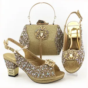 Nuovo arrivo africano italiano Design strano stile tacco alto festa donna di nozze scarpe e borsa con decorazione di strass colorato