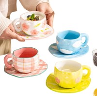 Tasses à café en céramique peintes à la main, mignonnes, personnalisées, en forme de tulipe, avec soucoupe, pour thé au lait.