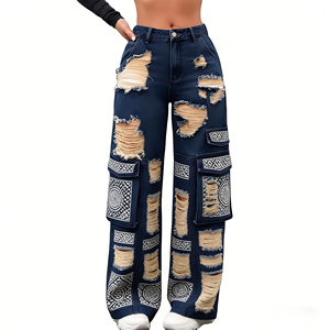 High Street Women Baggy <strong>Trousers</strong> High Rise Multi Pockets Faded Washed Denim Wide Leg Cargo Denim Jeans Womens Denim Jeans - Product Image 1