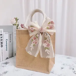 Tas tote jute indah grosir titik pabrik tas kanvas tas belanja linen katun dengan pita