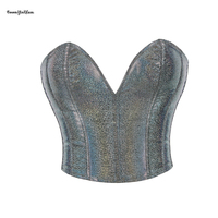 Grande taille S-xxxl dos dentelle serré court Bustier scintillant paillettes femmes cuir synthétique Corset haut court argent